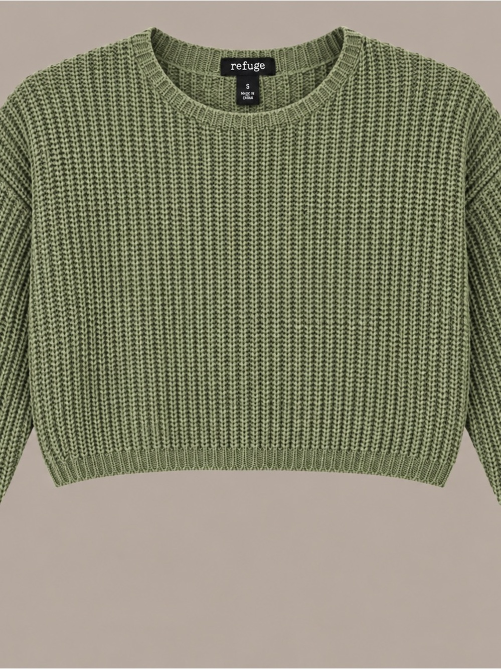 refuge Olive Green Cropped Crewneck Waffle Knit Sweater